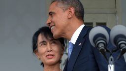U.S. President Barack Obama hugs Myanmar opposition leader Aung San Suu Kyi  after making a speech at her residence in Yangon on Monday, November 19. Obama met the democracy icon  during a historic visit to Yangon aimed at encouraging political reforms in the former pariah state.
