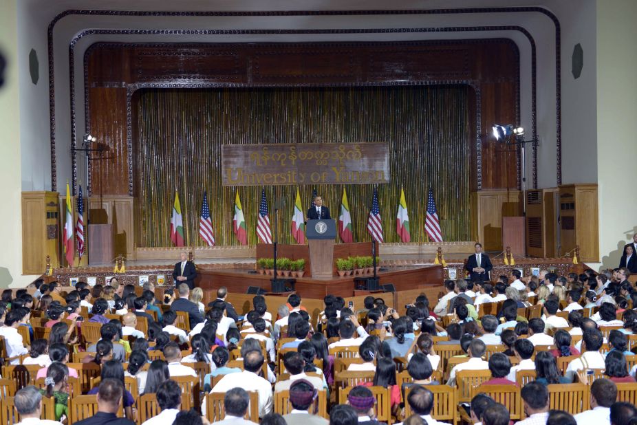 U.S. President Obama speaks at the University of Yangon on Monday.