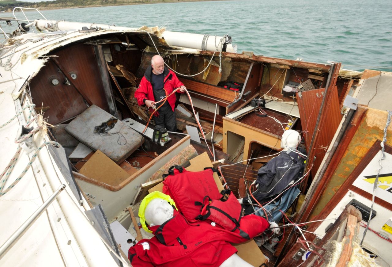 Former Yachting Monthly editor Paul Gelder inspects the damage after the explosion. The team wanted to show the consequences of disasters and the best ways of dealing with them.