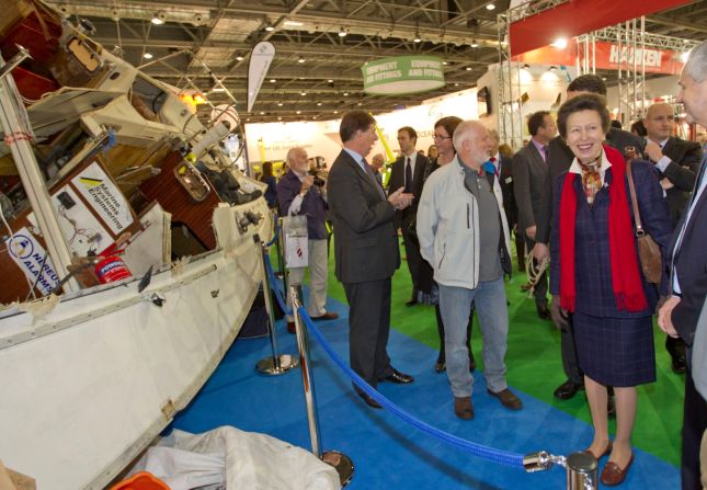 The UK's Princess Anne inspects the exploded Crash Test Boat, on display at the London Boat Show. The yacht is now used as a teaching aid at the International Boat Building College in Suffolk.