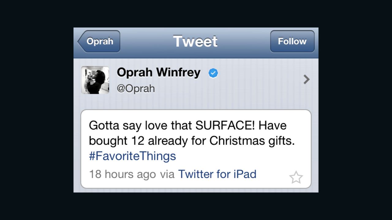 Oprah wants you to know how much she loves her new Surface tablet. And her iPad.