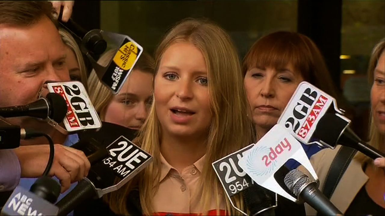 Madeline Pulver speaks to the media outside the District Court in Sydney, Australia on Tuesday, November 20, 2012. 