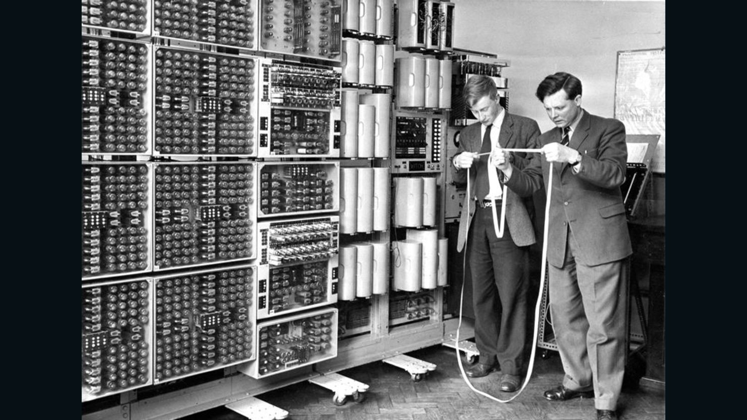 The WITCH computer, first used in the 1950s, reads programs that are punched into strips of tape.