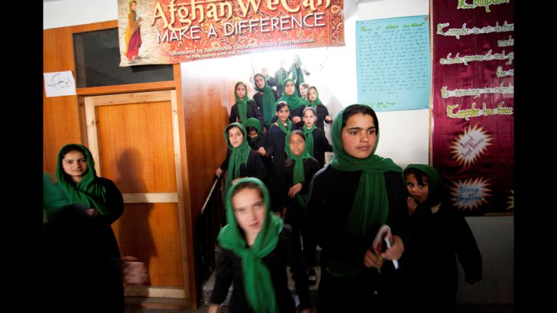 Students at the school are released on their lunch break. Many armed groups in Afghanistan oppose the idea of girls being educated, and there have been violent attacks on some schools.