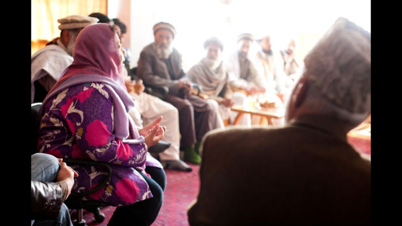 Jan meets with tribal elders in the village to speak about the school and girls issues. She said she has found it difficult to change a deep-rooted stigma against women's education.