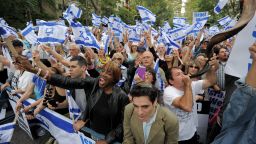 Jewish and Christian religious groups demonstrate in support of Israel near the United Nations headquarters September 21, 2011 in New York as the annual UN General Assembly continues. 