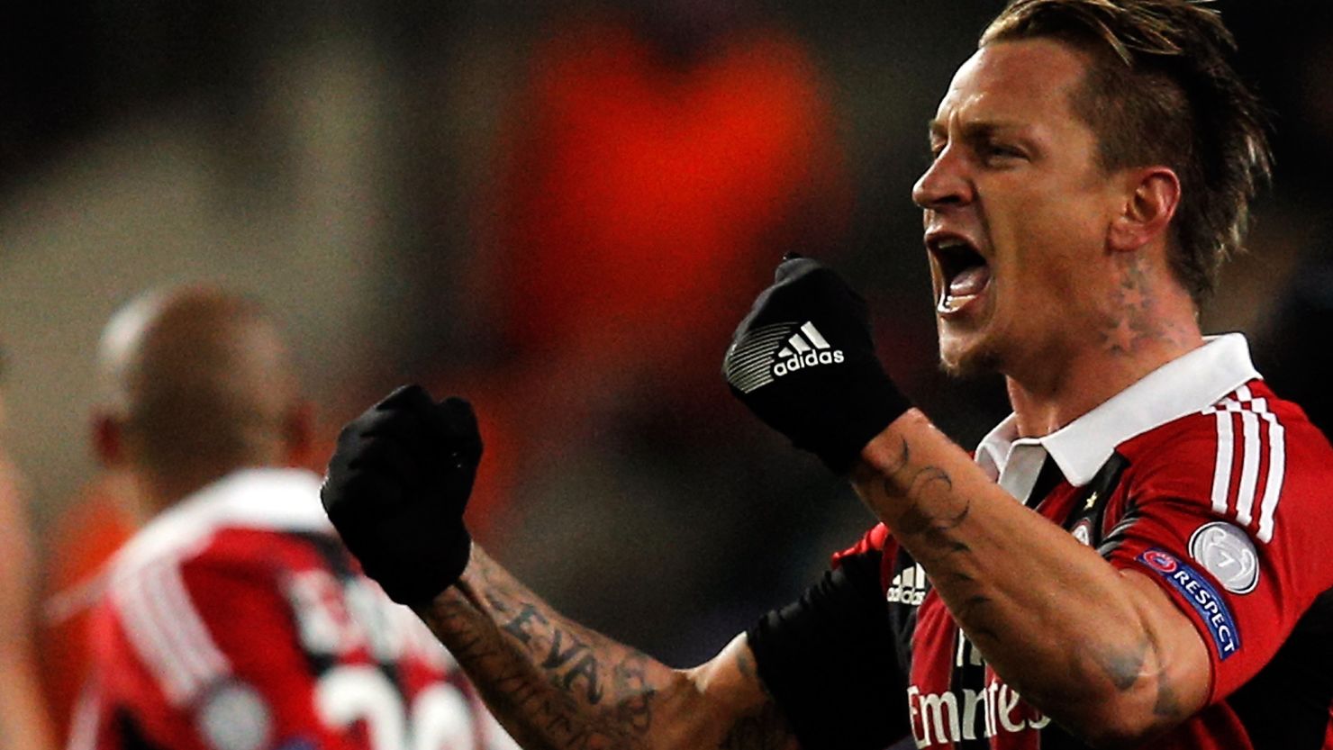 Philippe Mexes celebrates his stunning second goal for AC Milan in their 3-1 victory at Anderlecht.