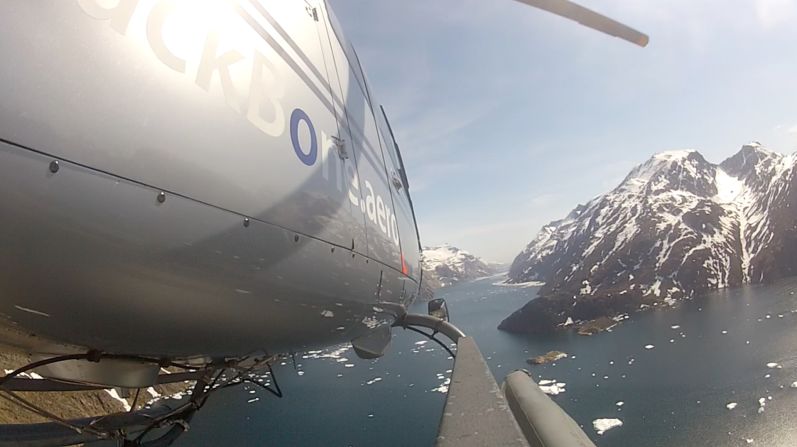 Ice Patrol helicopter flies across southern Greenland. The chopper is operated by the Danish Meteorological Institute. 