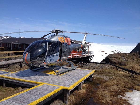 Ice Patrol helicopter after landing at the Pince Kristian Sund weather station.