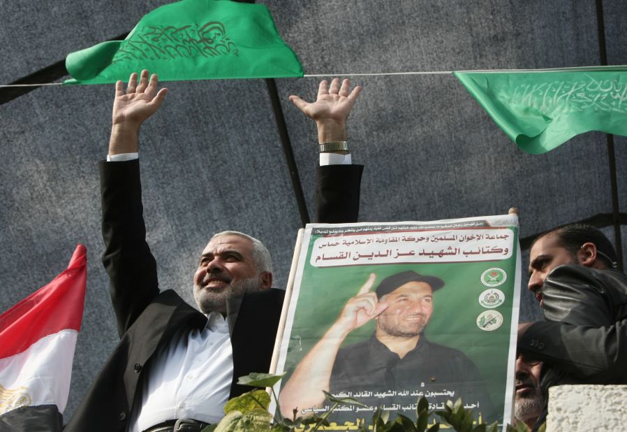 Hamas Prime Minister Ismail Haniyeh waves to the crowd Thursday in Gaza City. Haniyeh, who heads the governing party of Gaza, said the cease-fire showed the United States had been forced to soften its stance in the region in the wake of the Arab Spring.
