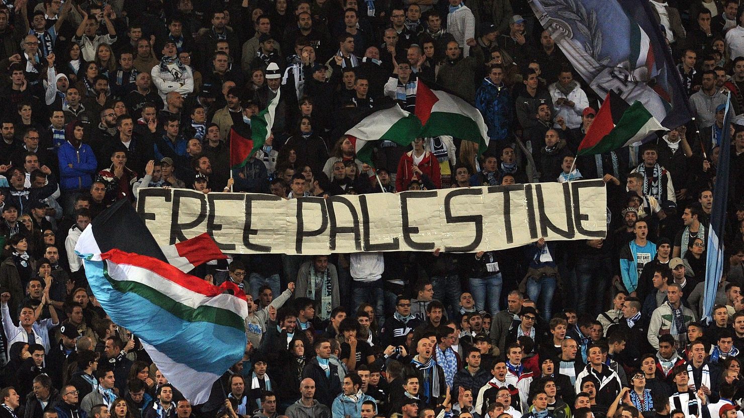 A section of Lazio fans unfold a "Free Palestine" banner during their 0-0 Europa League home draw with Tottenham.  