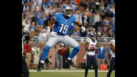 Mike Thomas of the Detroit Lions celebrates a touchdown in the second quarter against the Houston Texans.