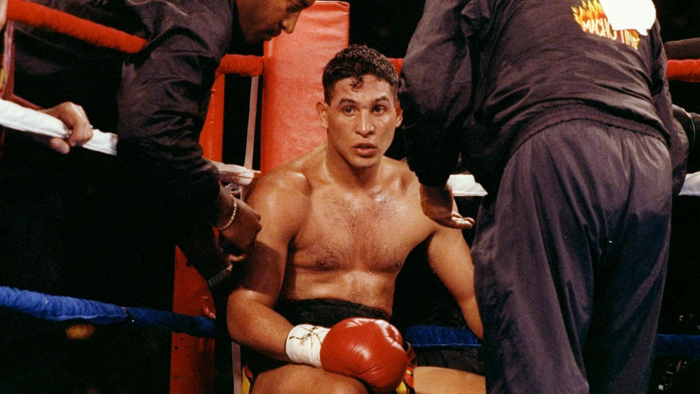 In 1992, Camacho sits in his corner between rounds of his fight against Eddie Van Kirk.