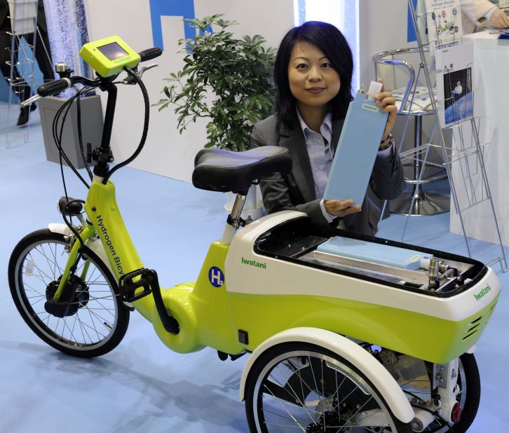 Other applications could include fuel-cell bicycles, seen here at an event in Japan in 2010, and even homes. 