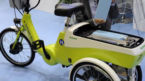 Other applications could include fuel-cell bicycles, seen here at an event in Japan in 2010, and even homes.