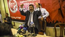 Then Egyptian presidential candidate Mohamed Morsy addresses suporters at a press conference on June 13, 2012 in Cairo, Egypt.