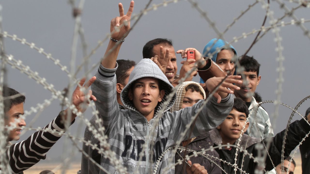 Palestinian youths demonstrate on the Gaza border on Friday.