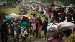 The M23 rebel group is fighting the Democratic Republic of Congo military for control of the country, and the violence is driving tens of thousands of Congolese out of their homes. Here on November 22, thousands fled the town of Sake and headed east to the camps for displaced in the village of Mugunga.