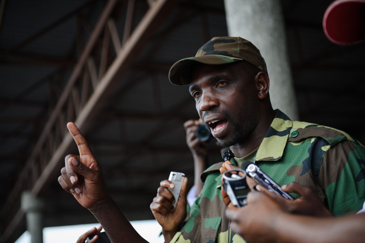 Spokesman of the M23 rebel group Lieutenant-Colonel Vianney Kazarama addresses a crowd at the Volcanoes Stadium in Goma on November 21, 2012. 