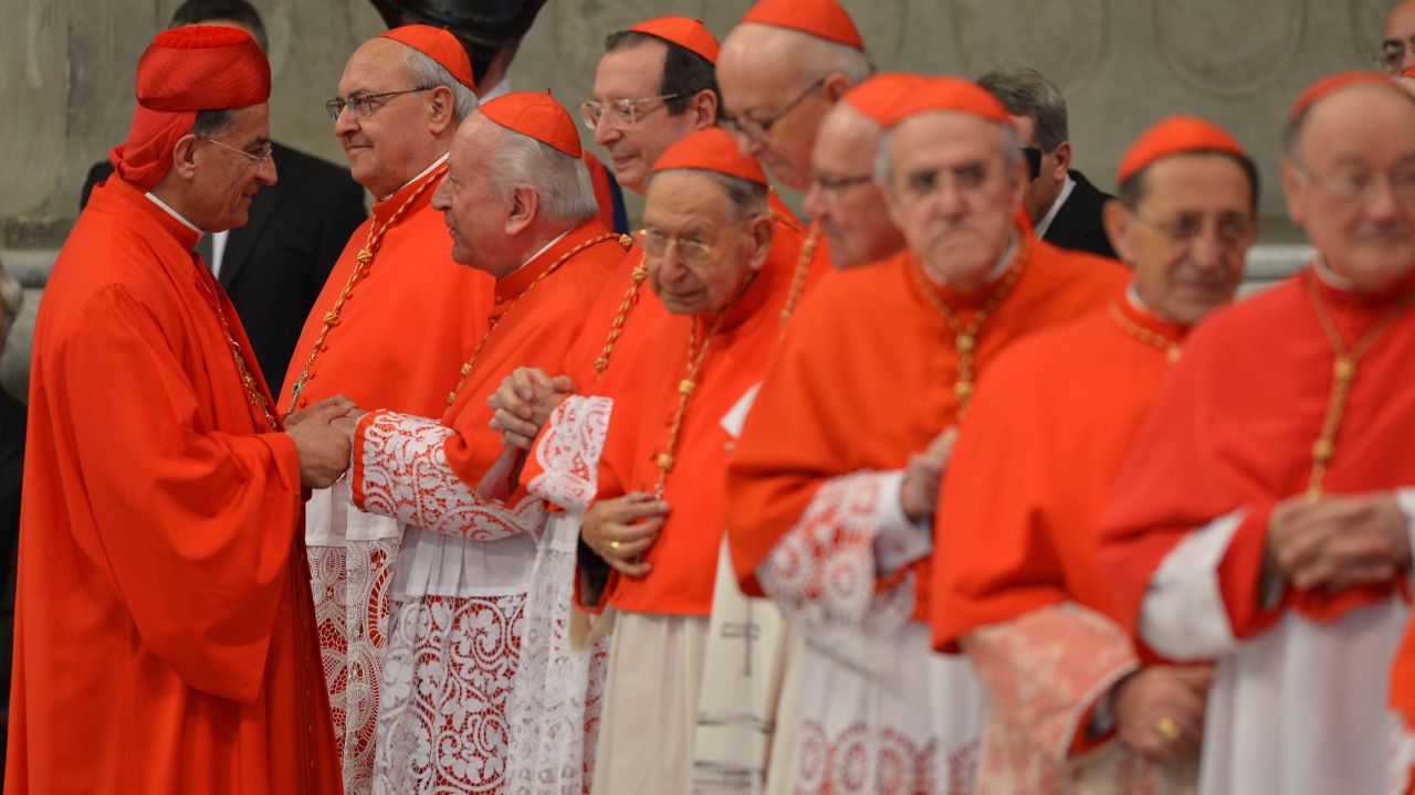 Lebanon's Bechara Boutros Rai (L), wearing his hat, is congratulated after Pope Benedict XVI appointed him as a cardinal.
