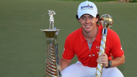 Rory McIlroy smiles for the cameras after clinching the Race to Dubai and World Tour Championship.