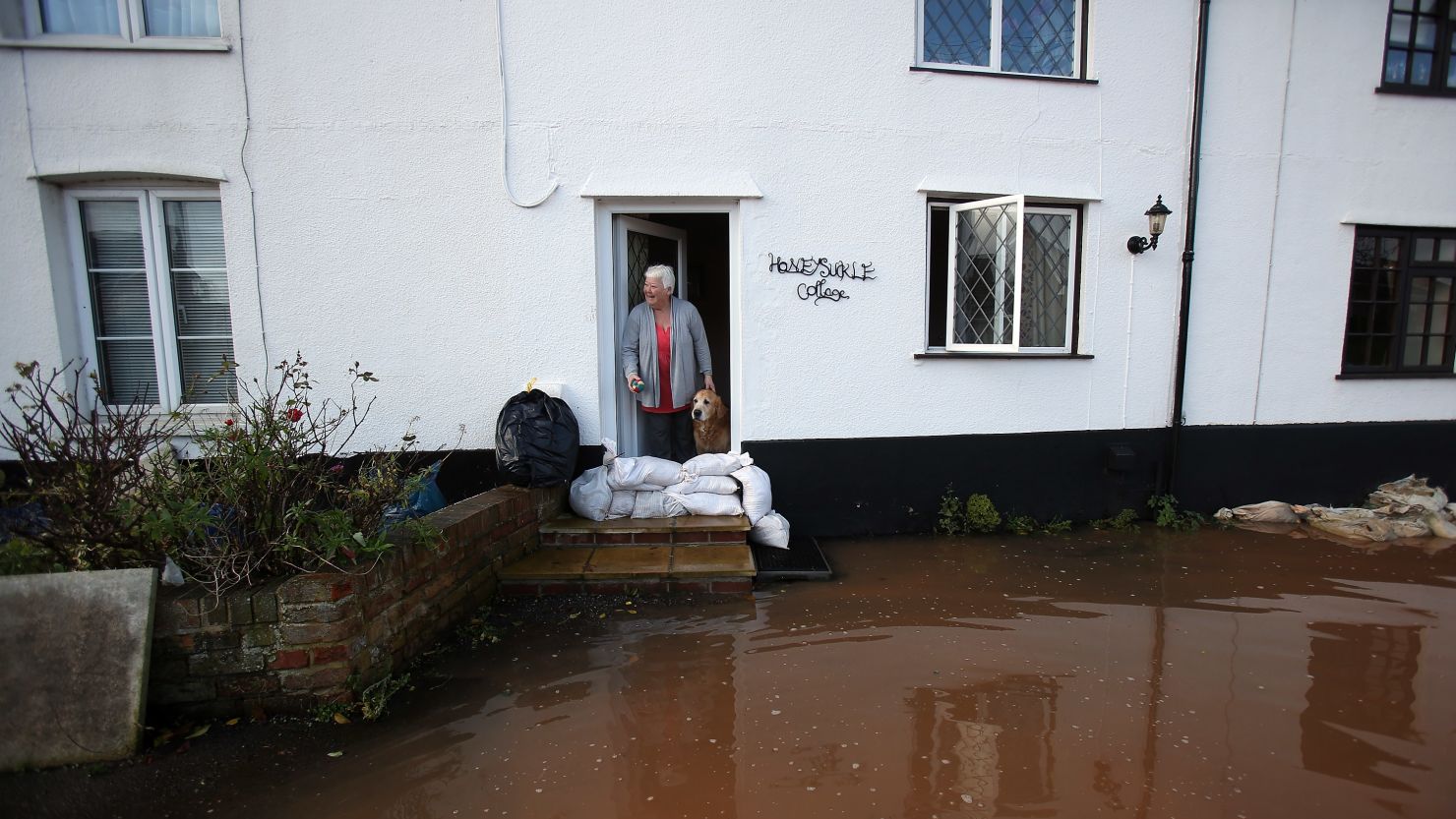 Anne Bartlett and her dog Henry look out from their flooded property in Somerset, England, on Sunday.