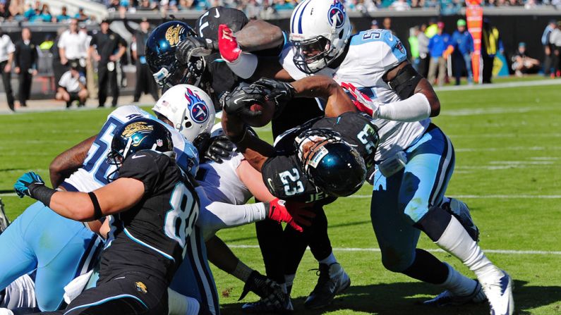 Rashad Jennings of the Jacksonville Jaguars scores a touchdown against the Tennessee Titans at EverBank Field on Sunday in Jacksonville, Florida.