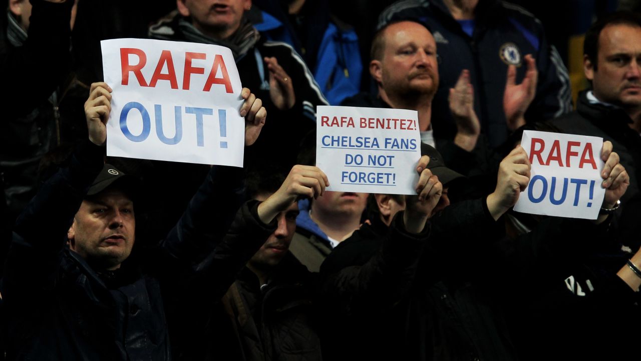 Chelsea fans make their feelings known during Rafael Benitez's first game in charge at Stamford Bridge.