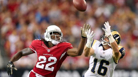 Wide receiver Danny Amendola of the St. Louis Rams catches a 38-yard reception past cornerback William Gay of the Arizona Cardinals during the second quarter at the University of Phoenix Stadium on Sunday in Glendale, Arizona.