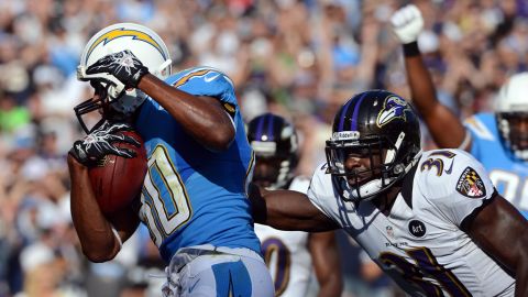 Wide receiver Malcom Floyd of the San Diego Chargers scores a touchdown against Baltimore Ravens on Sunday at Qualcomm Stadium in San Diego.