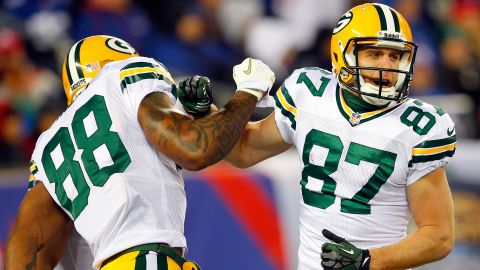 Jordy Nelson of the Green Bay Packers, right, celebrates with teammate Jermichael Finley after scoring a touchdown during Sunday night's game against the New York Giants.