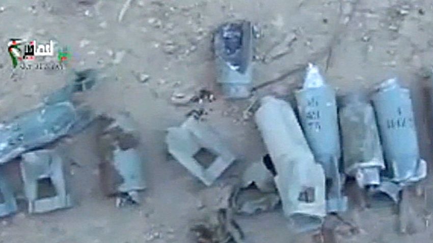 Still taken from amateur video from YouTube reportedly shows remains of cluster bombs in Deir Asafeer, Syria, on Deir Asafeer, Syria.
