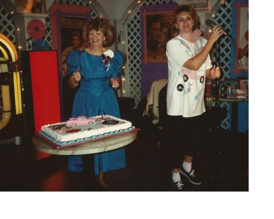 Margaret Wright, left, and Sherry Downs dance in 1993 at Wright's 50th birthday party, which had a '50s theme.