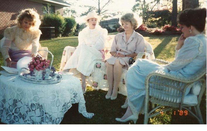 Sherry Downs, left, Susan Mason, Margaret Wright and Margaret Collins Jenkins were inspired by Victorian magazines to host this tea party with their grandmothers' linens, tea pots and flowers from the yard in 1989.