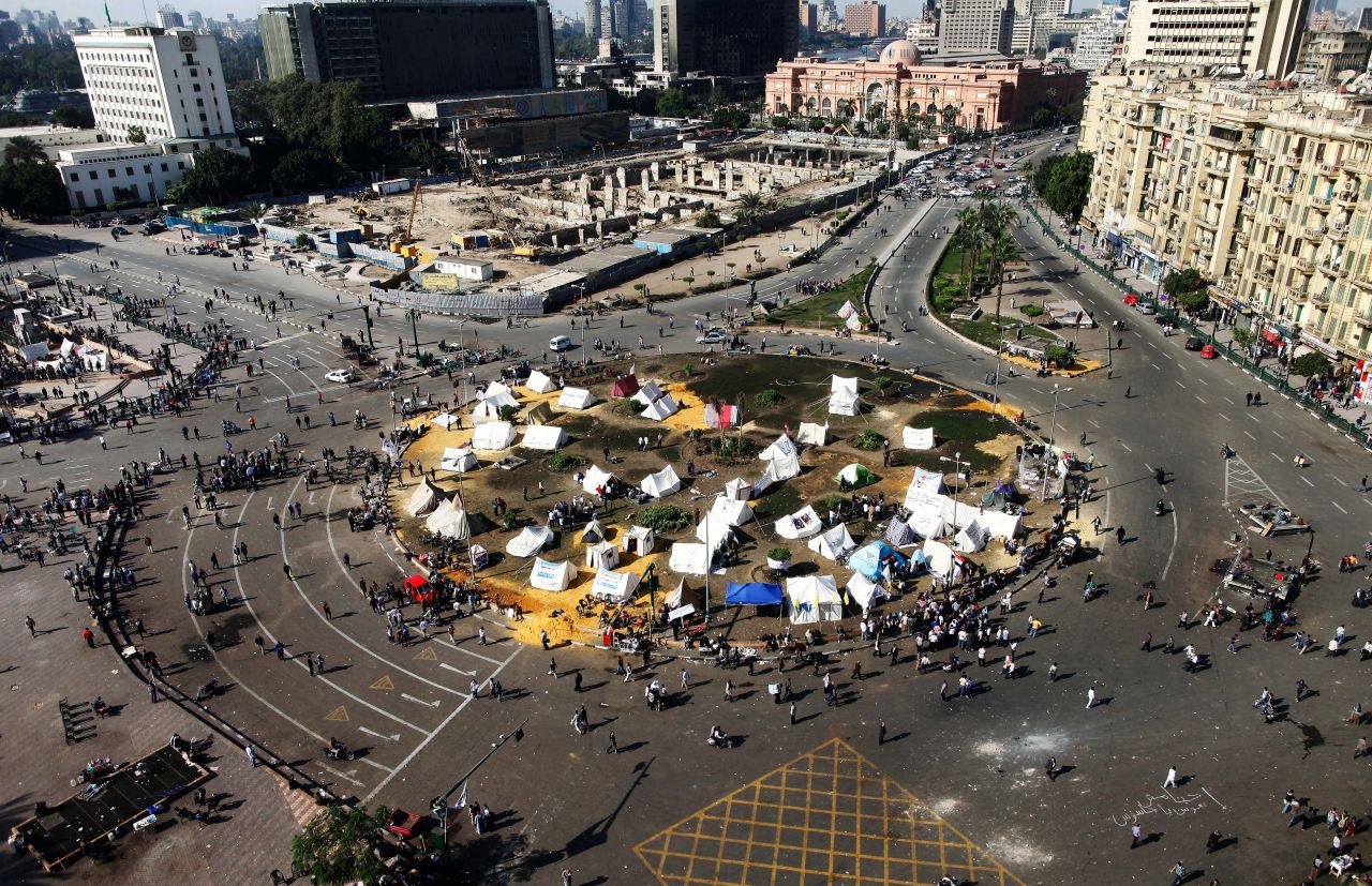 Protesters gather at sit-in tents in Tahrir Square on Sunday. 