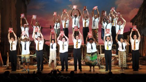 The cast of 'The Book of Mormon' during the curtain call on March 24, 2011 in New York City..