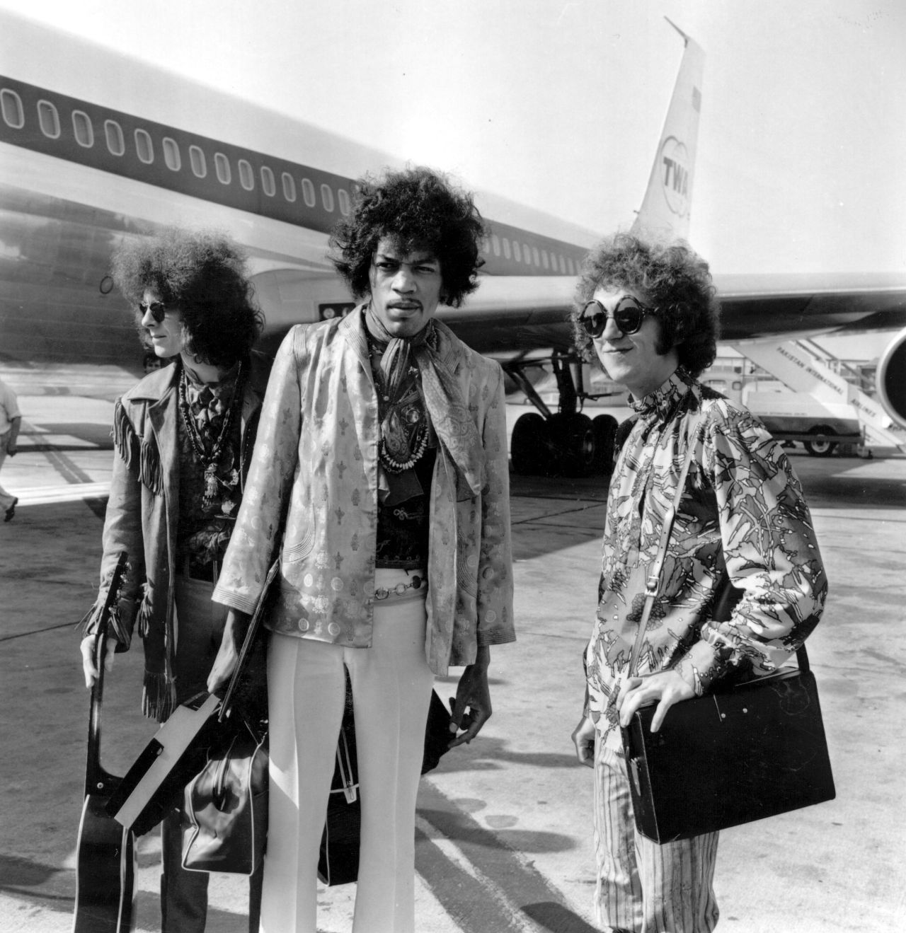 While he was surging in popularity across the pond, Jimi Hendrix and his captivating way of playing guitar soon became known to U.S. audiences. The Jimi Hendrix Experience, seen here at the London Airport in August 1967, performed at the Monterey Pop Festival.