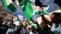 Palestinian students wave their flag in the West Bank city of Ramallah, on November 25, 2012