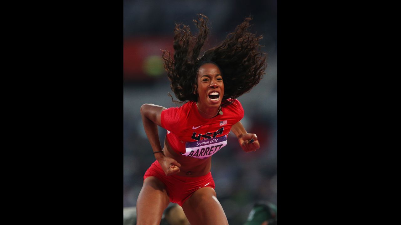 Brigetta Barrett of the United States celebrates after a jump during the women's high jump final on Day 15 of the London 2012 Olympic Games on August 11.