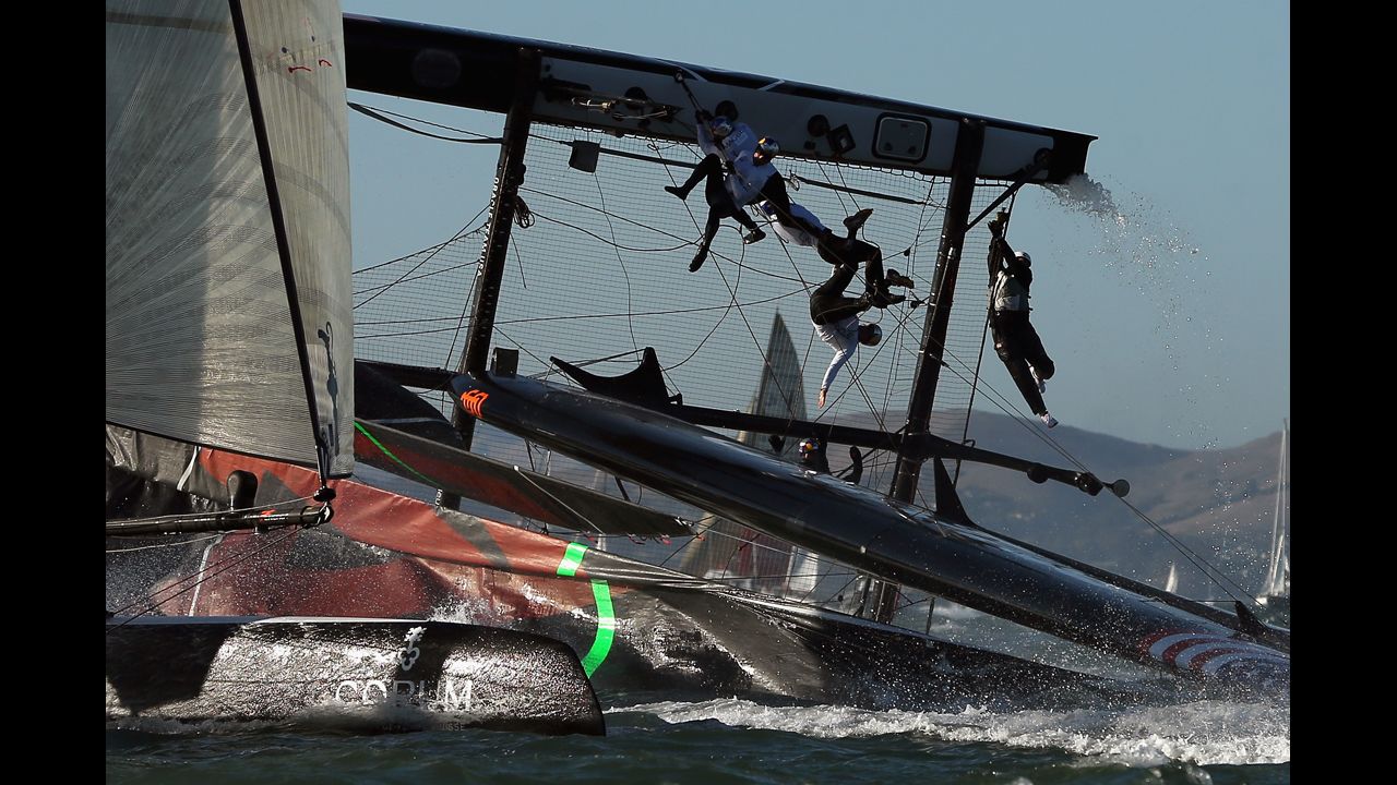 The Oracle Team USA flips over during a fleet race in the America's Cup World Series on October 6 in San Francisco.