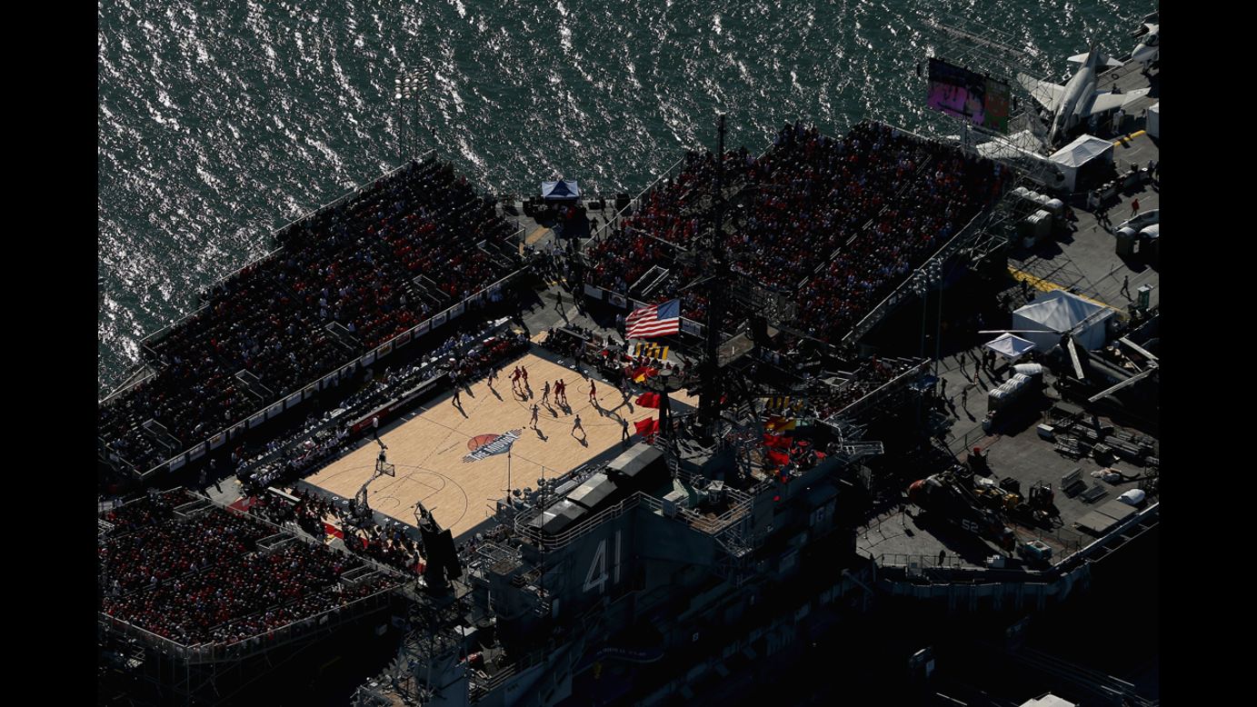 The Syracuse Orange and San Diego State Aztecs play during the Battle On The Midway college basketball game on the deck of the USS Midway on November 11 in San Diego, California.