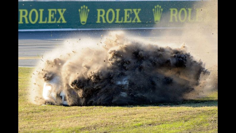 The No. 8 DP Starworks Motorsports Ford Riley driven by Enzo Potolicchio, Ryan Dalziel, Alex Popow, Lucas Luhr and Allan McNish runs off the track during the Rolex 24 endurance race at Daytona International Speedway on January 28.