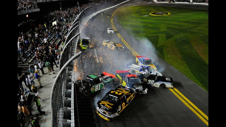 Eight cars wreck during the NASCAR Camping World Truck Series NextEra Energy Resources 250 at Daytona International Speedway on February 24, in Daytona Beach.
