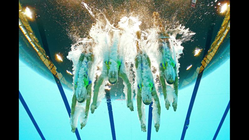 Great Britain competes in the women's teams synchronized swimming free routine final on Day 14 of the London 2012 Olympic Games on August 10.