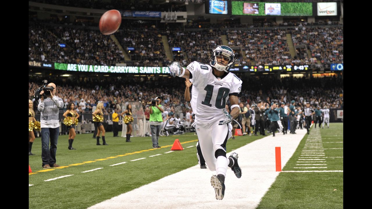DeSean Jackson of the Philadelphia Eagles celebrates a touchdown during the game against the New Orleans Saints on November 5 in New Orleans. The Saints won 28-13.