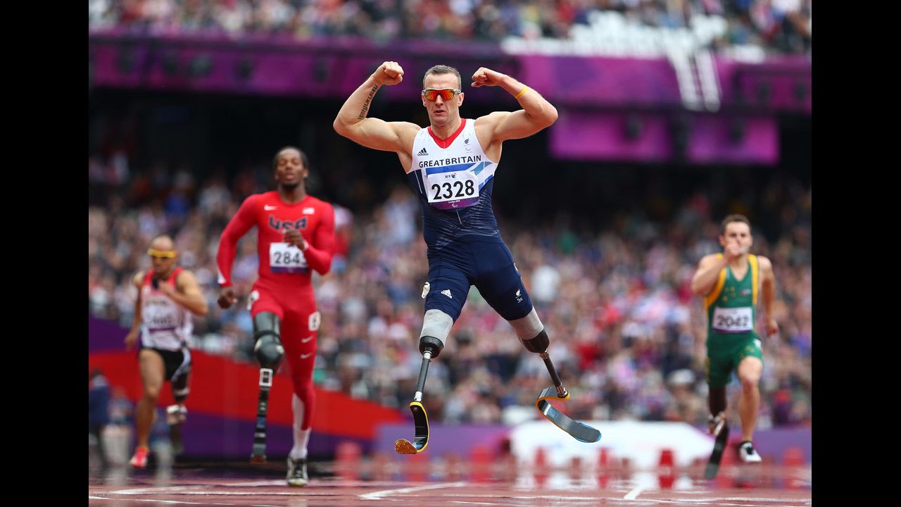 Richard Whitehead of Great Britain celebrates winning gold in the Men's 200-meter T42 final on Day 3 of the London 2012 Paralympic Games on September 1.