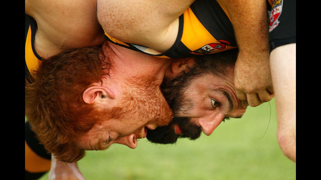 French rugby player Sebastien Chabal, right, packs down against another player during a Balmain Club rugby training session at King George Park on February 23 in Sydney.