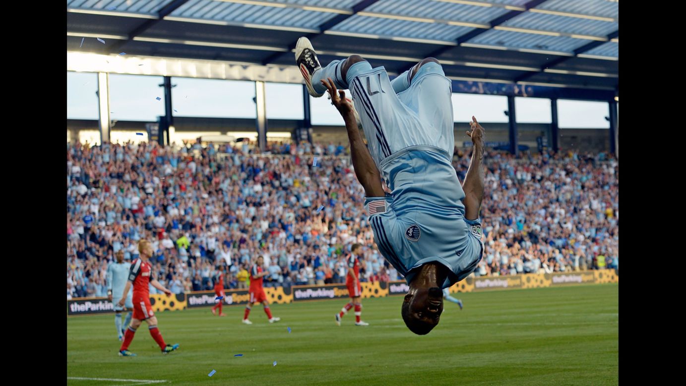 C.J. Sapong of Sporting KC does a backflip after scoring during the Major League Soccer game against the Toronto FC on June 16 in Kansas City.