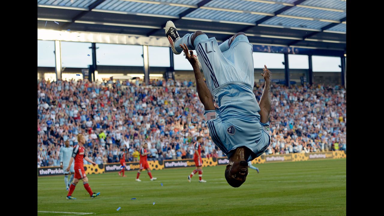C.J. Sapong of Sporting KC does a backflip after scoring during the Major League Soccer game against the Toronto FC on June 16 in Kansas City.