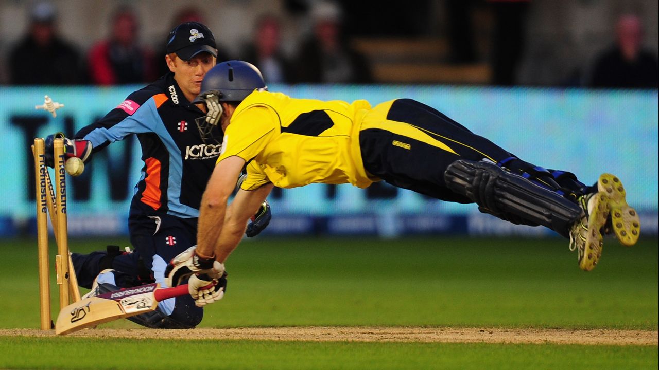 Hampshire batsman Simon Katich is run out by Yorkshire keeper Jonny Bairstow during the final of the Friends Life T20 between Hampshire and Yorkshire at SWALEC Stadium on August 25 in Cardiff, Wales.
